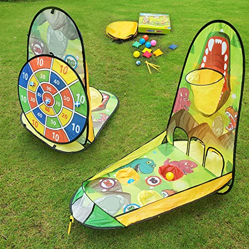 unanscre 3 in 1 Bean Bag Toss Game Toy Outdoor for Kids, Dinosaur Foldable Cornhole Board with Pop Up Basketball Game and Dartboard Set, Gift for Birthday/Xmas Party, Outside Toys for Toddlers Age 3+