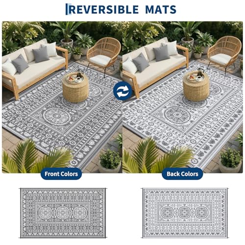 Garvee Reversible Outdoor Rug 9x18 for Patio, Waterproof Outdoor Area Rug, Modern Medallion Indoor Outdoor Rugs, Plastic Straw Rug for RV, Camping, Deck, Vintage Grey - color: Grey & White, size: 9' x 18' (Rectangular)