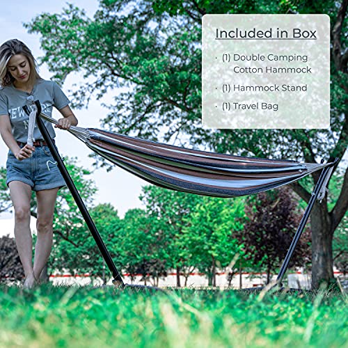Backyard Expressions - 914921 - Portable Double 2 Person Outdoor Hammock with Stand - Brown and Gray - 9 x 3 Foot Hammock - color: Saharan Nights