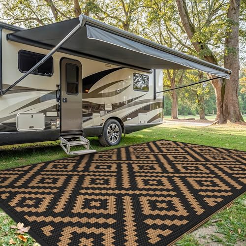 sarben Outdoor Rug for Patio - Waterproof Plastic Straw Camping Rugs 10x20 ft, Reversible Outdoor Indoor RV Mat Carpet for Patio, Porch, Deck, Balcony, Picnic, Beach, Black Brown - color: Black&brown, size: 10' x 20' (Rectangular)