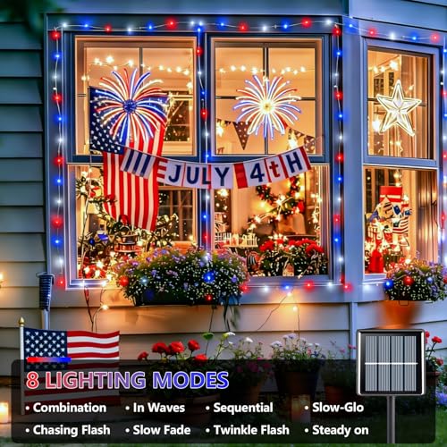 YEGUO 4 Pack Red White and Blue Solar Lights, Each 33ft 100 LED 4th of July Solar Fairy Lights Outdoor Waterproof, 8 Modes Sliver Wire Patriotic String Lights for Independence Memorial Day Decoration - color: Red White and Blue