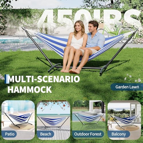 TrailBlaze Double Hammock with Steel Stand - 2 Person Outdoor & Indoor Space-Saving Patio Hammock - Heavy-Duty, 450 lbs Capacity, Easy Setup for Backyard, Garden, Camping - Blue and White Stripes - color: Blue White Stripes