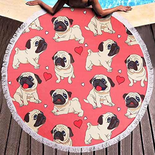 Benefeet Sox Beach Towel Large Round Mandala Pool Towels Tassels Microfiber Quick Dry Beach Blanket Throw Bohemian Roundie Swim Pool Circle Towel, 59 Inches - color: Heart Pug Dog, Pink