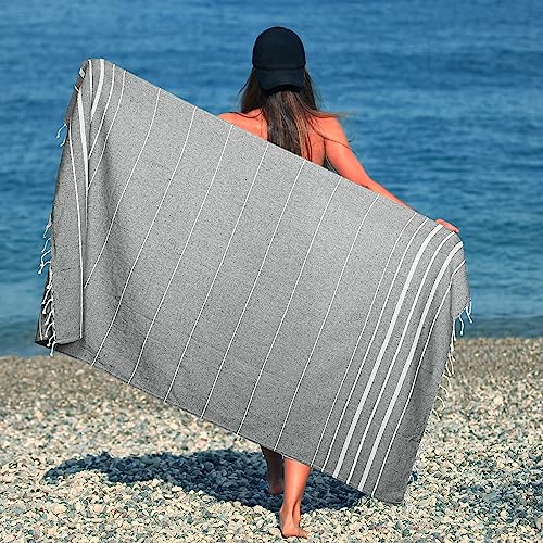 HILLFAIR Cotton Turkish Beach Towels, Quick Dry Lightweight Sand Free Peshtemal Towel for Bath Swim Yoga Spa Travel, Beach Accessories, Oversized Cotton Turkish Towels (39 x 72 inch- 4 Pack Grey) - color: Grey, size: 39 x 72 inch ( Beach towel - 4 PACK )