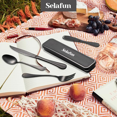 5-pieces Travel Set with Case Portable Silverware Utensils Set for work, Stainless Steel Reusable Flatware Set Cutlery Set for Camping Picnic Hiking Office, (matte black, 5.9) - color: Matte Black, size: 5.9 inch