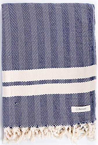 Bersuse 100% Cotton Herringbone XL Throw Blanket for Couch - 100% Cotton Lightweight Durable Throw Blanket, Big Blanket for Sensitive Skin, Decorative and Versatile - 63x94 Inches, Dark Blue - color: Dark Blue