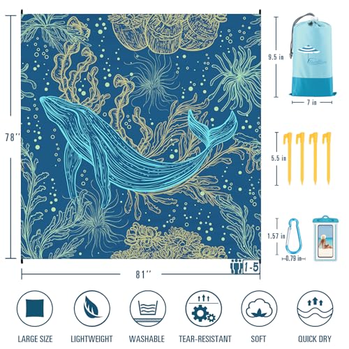 Famstar Beach Blanket Sandproof Waterproof 78''×81''1-5Adults Oversized,Compact Lightweight Durable Beach Mat for Travel Camping Hiking Picnic Blanket - color: Whale Line, size: 78''×81''