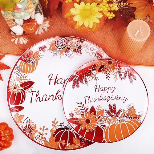 Rubtlamp 60PCS Thanksgiving Plastic Plates, White Orange Pumpkin Plates, Red Disposable Plates with Maple Leaves, Fall Disposable Plates Include 30 Dinner Plates, 30 Salad Plates For Thanksgiving - color: White Orange