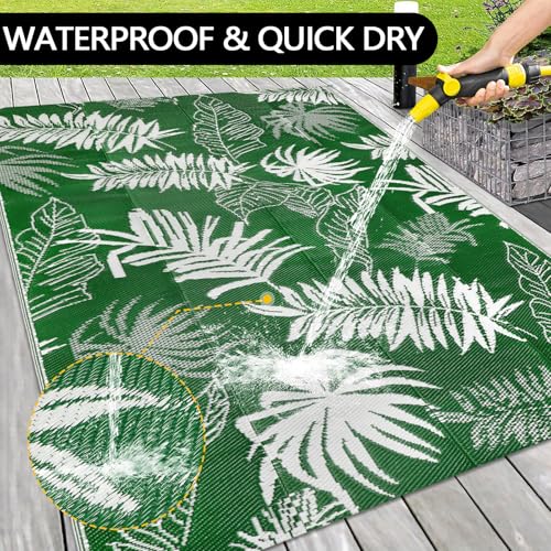 famibay Outdoor Rug Waterproof 5x8 Plastic Straw Rug Reversible Patio Rug Outside Camping Rug Patio Mat Lightweight Foldable Outdoor Carpet for Patio Balcony Deck Camping - color: Darkgreen & White, size: 5' x 8'