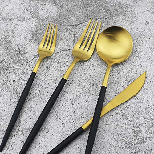 20-Piece 18/10 Stainless Steel Flatware Silverware, Luxury Dinnerware Set Travel Cutlery Tableware Include Knife Fork Spoon Service for 4, Dishwasher Safe (Black Handle Matte Gold) - color: Black Handle Gold, size: Service for 4