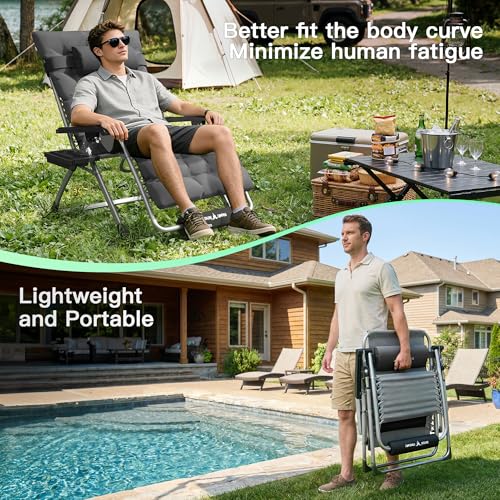 Amopatio Oversized Zero Gravity Chair, XL 29In Reclining Camping Lounge Chair w/Removable Cushion&Headrest, Upgraded Lock and Footrest, Folding Patio Recliner for Indoor Outdoor, Dark Grey - color: Dark Grey XL, size: 29in