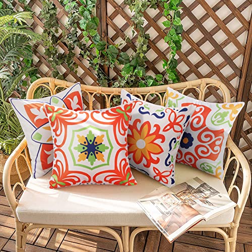 Pyonic Outdoor Waterproof Throw Pillow Covers for Patio Furniture Decorative Boho Pillow Covers 18x18 Floral Printed for Patio Tent Couch Garden Set of 4,Orange - color: Orange, size: 18" x 18" (Pack of 4)