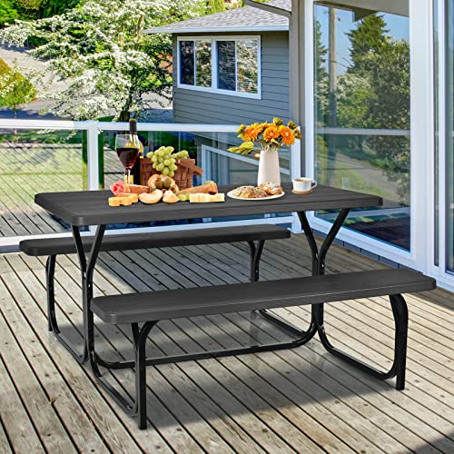 Moccha Picnic Table Bench Set - Portable Plastic Picnic Table w/Steel Frame & Wood-Like Texture, All Weather Heavy Duty Picnic Table Kit, Picnic Tables for Outdoors Garden Patio Party Dining (Black) - color: Black