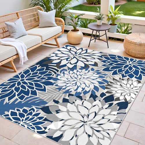 5x8 Outdoor Area Rug Washable Multicolored Patio Rug Tropical Botanical Floral Chenille Waterproof Outdoor Carpet for Living Room, Deck, Backyard, Porch, Blue - color: Blue White, size: 5' x 8' (Rectangular)