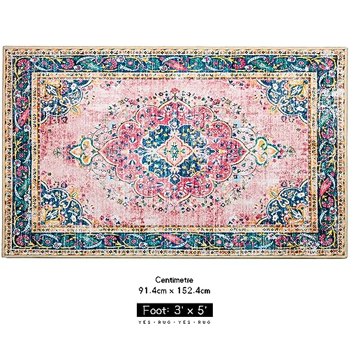 Boho Rug 3x5 Pink Small Area Rug Washable Vintage Rug for Kitchen Living Room Bedroom Bathroom Office Low Pile Non Slip Indoor Floor Carpet - color: A#pink, size: 3' x 5' (Rectangular)