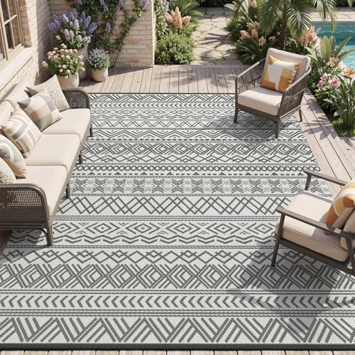 MontVoo Outdoor Rug Carpet Waterproof 9x18 Outdoor Patio Rug Mat Reverisble Plastic Straw Outdoor Rug for RV Camping Picnic Beach Balcony Boho Grey Large - color: Grey, size: 9' x 18' (Rectangular)