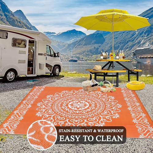 Pauwer Waterproof Outdoor Rug 6x9, Reversible Plastic Straw Patio Camping Rug, Indoor Outdoor RV Mat Carpet for Deck, Camper, Porch, Balcony, Backyard, Picnic, Floral Orange - color: Floral Orange, size: 6' x 9' (Rectangular)