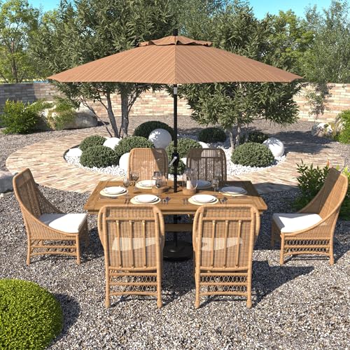 California Umbrella 9' Round Aluminum Market Umbrella, Crank Lift, Push Button Tilt, Black Pole, Terrace Sequoia Olefin - color: Terrace Sequoia