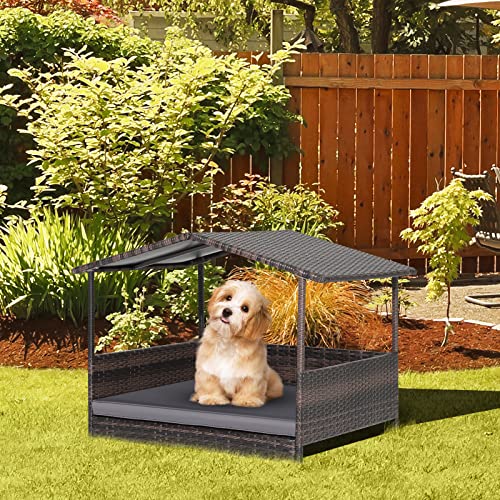 Giantex Wicker Dog House, Raised Rattan Dog Bed with Waterproof Roof, Washable Cushion Cover, Steel Frame, Indoor Outdoor Elevated Dog Bed Pet House for Small Medium Dogs Cats, Easy Assembly - style: Brown House & Gray Cushion