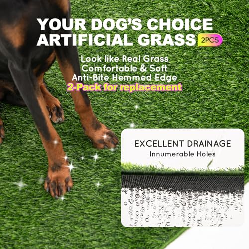 HQ4US 4LEGS Dog Grass Pad with Foldable Dog Litter Box High Walls & Grate, 2PCS Odor Free Artificial Grass for Dogs Potty Pee Pad Holder Tray No Assembly Waterproof Easy Clean Portable for Travel