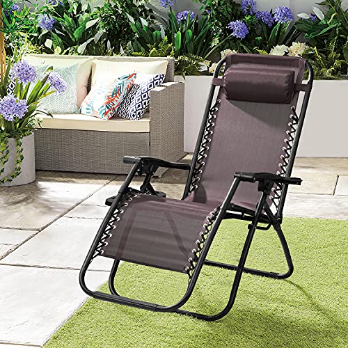 GUNJI Zero Gravity Chair Outdoor Lawn Folding Lounge Chairs Adjustable Reclining Patio Chairs Set of 2 with Cup Holder Lounge Gravity Chairs for Poolside, Backyard, Beach and Camping (Brown) - color: Brown