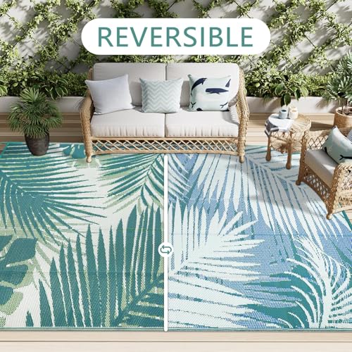 famibay Outdoor Rug Waterproof 5x8, Reversible Plastic Straw Patio Camping Rugs, Portable Indoor Outdoor RV Area Rug for Deck, Porch, Balcony, Backyard, Picnic, Beach, Pool, Leaf Tricolor Green - color: Tri-color Green, size: 5' x 8'