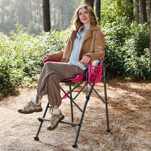 EVER ADVANCED Tall Camping Directors Chair with Cup Holder 31", Bar Height Folding Chair for Camping, Sports with Carry Bag, Mesh Pockets and Footrest, Heavy Duty 300 lbs, Pink - color: Pink, style: Fabric