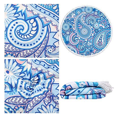 Violet Mist Blue Paisley Round Beach Blanket 60" Soft Microfibre Circular Beach Towel Throw with Fringe Large Sand Free Circle Beach Blanket with Tassels for Women Travel Swimming Pool Picnic Towel - color: Blue Paisley