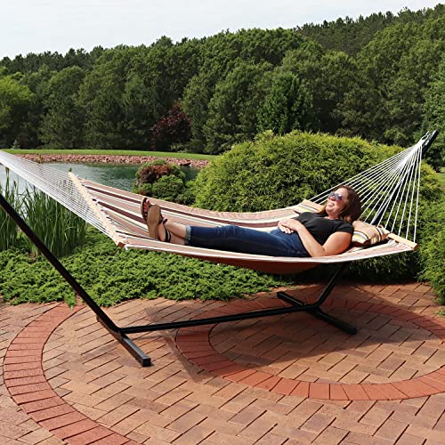 Sunnydaze Quilted Double Hammock for Outside with Spreader Bars and Pillow - 450 lb Capacity, 74x55 Inch Bed, UV Resistant, Quick Dry - Chains Included, Stand Sold Separately - Sandy Beach - color: Sandy Beach