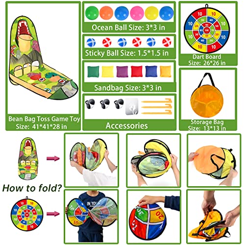 unanscre 3 in 1 Bean Bag Toss Game Toy Outdoor for Kids, Dinosaur Foldable Cornhole Board with Pop Up Basketball Game and Dartboard Set, Gift for Birthday/Xmas Party, Outside Toys for Toddlers Age 3+