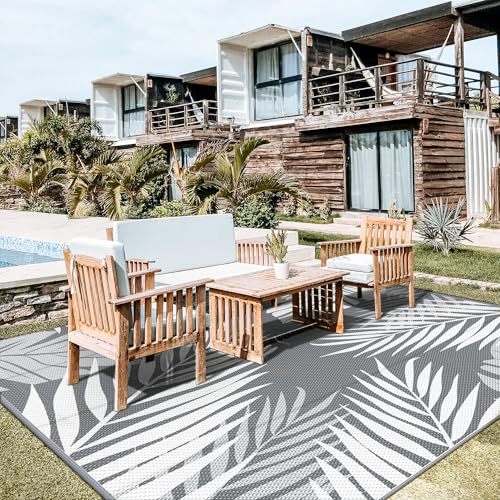 GENIMO Outdoor Rug 10' x 10' Waterproof for Patios Clearance, Reversible Outdoor Plastic Straw Camping Rug Carpet, Large Area Rugs Mats for RV, Camper, Deck, Balcony, Porch, Beach, Picnic, Grey&White - color: Grey & White | Waterproof, size: 10' x 10' (Re