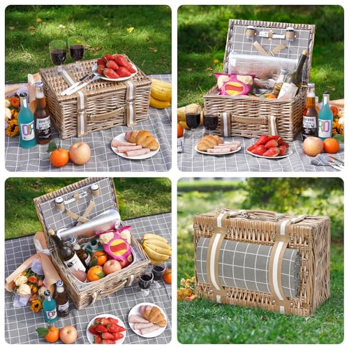 Wicker Picnic Basket for 2 - Willow Basket with Waterproof Picnic Blanket | Willow Picnic Set with Insulated Cooler | Wicker Hamper with Cutlery Kit | Gift Basket for Christmas, Thanks Giving, Grey - color: Grey Check