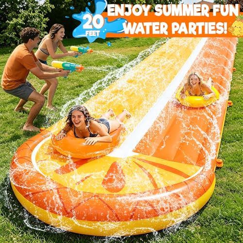 iGeeKid Pineapple Lawn Water Slides with 2 Bodyboards for Kids Adults, Heavy Duty Water Toys Sprinkler 2 Race Lane Backyard Outdoor Summer Beach Swimming Pool Water Game Party, 20 x 5.6 ft - style: 20Ft Pineapple Double Lane
