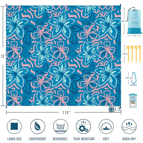 Famstar Beach Blanket Sandproof Waterproof 78''×110'' 1-7Adults Oversized,Compact Lightweight Durable Beach Mat for Travel Camping Hiking Picnic Blanket - color: Blue Flower, size: 78''×110''
