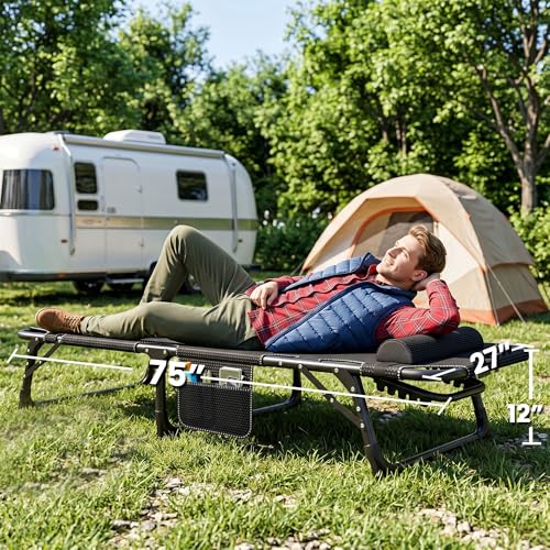 ABORON 3-in-1 Folding Patio Lounge Chair, 440LB Heavy-Duty Tri-Fold Guest Bed with Plush Cotton Cushion, No Assembly Adjustable Recliner for Office Nap, Patio Sunbathing, Poolside & Camping - color: Warm Copenhagen