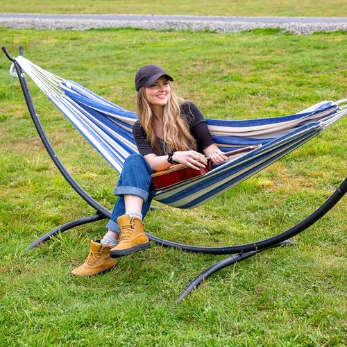 SUNCREAT Backyard Hammock with Frame, Hammock Frames for Outside, 475 lbs Capacity, Blue & White Stripes - color: Blue White