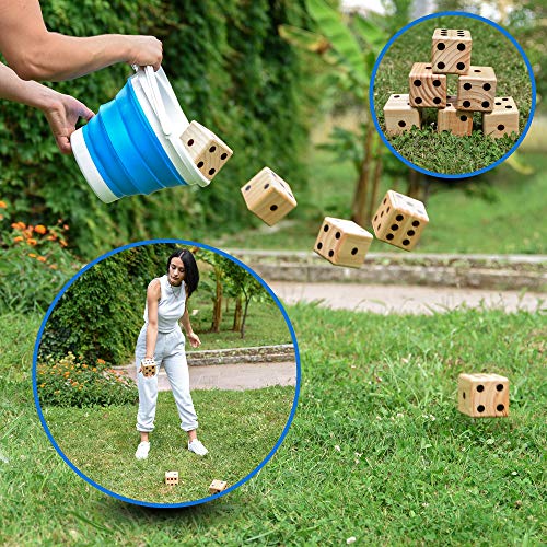 Giant Wooden Yard Dice – Splinter-Free and Crack-Proof Wood – Jumbo Size with Collapsible Bucket - 2 Dry Erase Score Cards - Indoor/Outdoor - Play Many Games – Fun and Engaging Game Time – Ideal Gift
