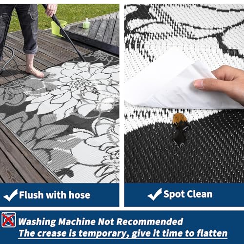 GarveeHome Large Outdoor Rug 9x18 Waterproof Reversible Mat Floral Tropical Camping Rugs Indoor Outdoor Rugs Carpet Plastic Straw Rug for Patio Deck Balcony Pool RV Camping, Black and White - color: Floral|black&white, size: 9' x 18' (Rectangular)