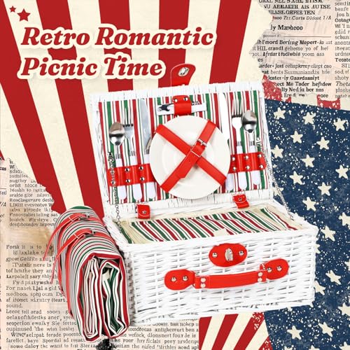 Wicker Picnic Basket for 2 with Waterproof Picnic Blanket and Insulated Bag Red and Green Color Scheme for Soccer Game, Camping, Travel, Birthday Gift, Wedding Gift - color: Classic Red and Green Stripes