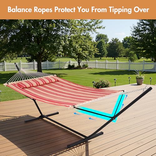 ANOW Outdoor Hammock with Stand 12FT, Heavy Duty Hammocks with Stand Included, 450 LBS Weight Capacity, Red Stripes - color: Red Stripes, size: 2 Person With Stand