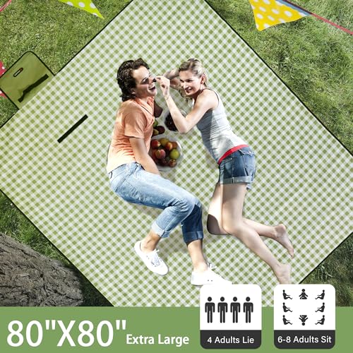 HX&OD Outdoor Picnic Blanket 80"X80" Picnic Mat Extra Large Camping Blanket Beach Blanket Foldable Waterproof Sand Mat Hiking Travel Family Concerts(Green) - color: Green, size: 80”x 80”