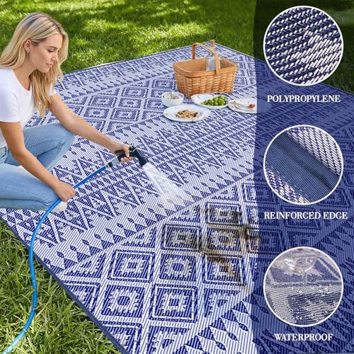 UPGRADE Waterproof Outdoor Rug 8x10 ft, Reversible Plastic Patio Rug, UV Resistant Straw Camping Mat with Carry Bag for RV Beach Deck Backyard, Blue & White - color: Blue & White, size: 8' x 10'