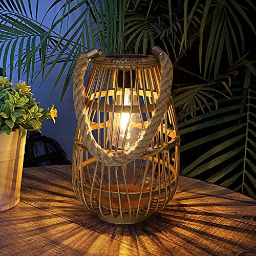 Solar Lantern Outdoor Waterproof Large Rattan Lanterns Decorative Bright Boho Lanterns Lights with Handle Rustic Hanging or Table Lamp for Fence Porch Garden Yard Wedding Decoration - size: Rattan 2