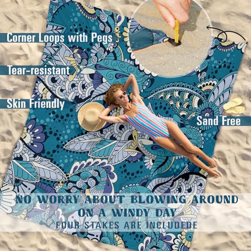 Famstar Beach Blanket Sandproof Waterproof 78''×81''1-5 Adults Oversized,Compact Lightweight Durable Beach Mat for Travel Camping Hiking Picnic Blanket - color: Green Flower, size: 78''×81''