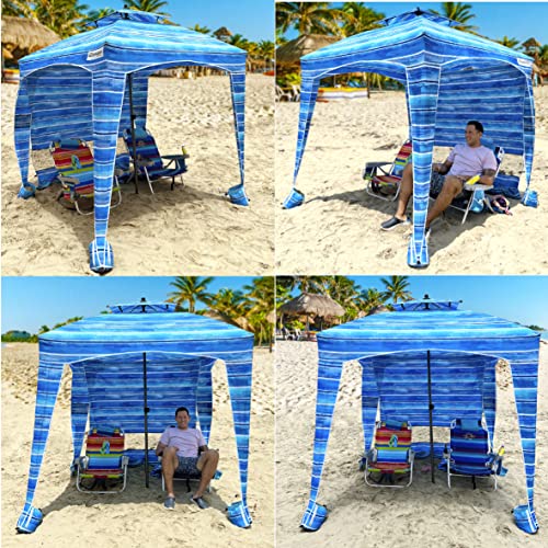 Beach Cabana Canopy Shelter – Sun Shade Tent – 6’ X 6’ - UPF 50+ - Waterproof - Easy Setup – 2 Layer Wind Vent Umbrella – 6 Ft X 6 Ft – BONUS sidewall – Beach, Lake, Park for Family - 2 to 4 People