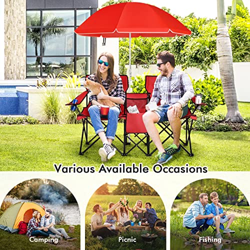 LDAILY LUARANE Folding Double Camping Chair, Outdoor Picnic Chairs w/Removable Umbrella, Mini Table, Cup Holder & Carrying Bag, Portable Camping Loveseat for Patio, Pool, Lawn, Beach, Park (Red) - color: Red