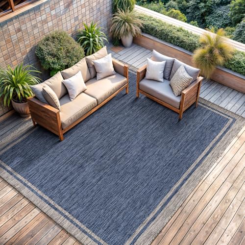 CAMILSON Indoor Outdoor Rug, 10x14 Bordered Navy Blue Gray Modern Large Area Rugs for Indoor and Outdoor Patios, Porches Waterproof Washable Porch Deck Outside Carpet (Bordered Navy, 10 x 14) - color: Bordered Navy, size: 10' x 14' (Rectangular)