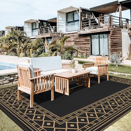 GENIMO Outdoor Rug Waterproof 10'x14' for Patio, Foldable Reversible Plastic Straw Carpet for Travel Trailers, Outside Area Mat for Rv, Deck, Picnic, Porch, Camper, Balcony, Beach, Black & Brown - color: Black & Brown | Natural, size: 10' x 14' (Rectangul
