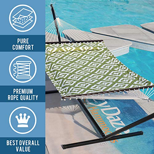 Lazy Daze Hammocks 12FT Quilted Fabric Hammock with Soft Pillow, Double 2 Person Tree Hammock with Spreader Bar for Outside Patio Poolside Backyard Beach, 450 lbs Capacity, Green Geometric - color: Green Geometric