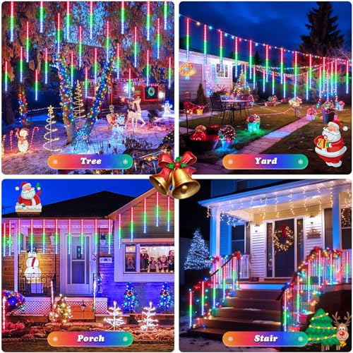 JMEXSUSS Solar Meteor Shower Rain Lights, 8 Tube 144 LEDs Multicolor Solar Christmas Lights, Led Falling Rain Christmas Light for Xmas Tree Wedding Holiday Party Patio Decoration - color: Multicolor, size: 1*144LED